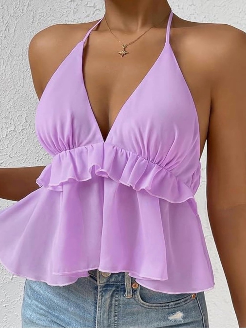 UUE Women's Purple Solid Halter V-Neck Ruffle Backless Tank Top, Size S